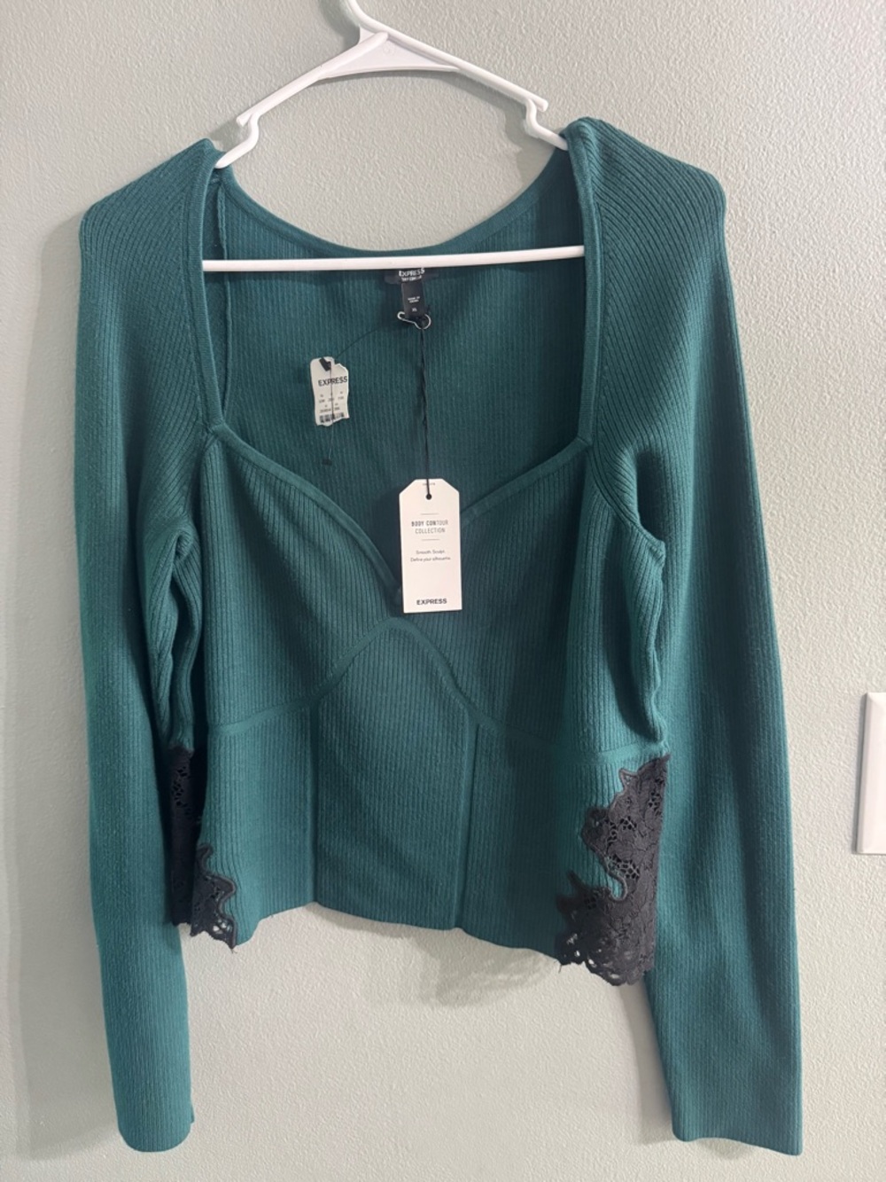 Express Teal Ribbed Long Sleeve Sweater with Black Lace Accents